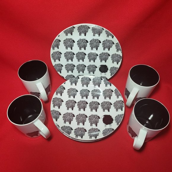 Fitz and Floyd Variations Black & White Sheep Design Cup & Saucer Set of 4 - Picture 12 of 13